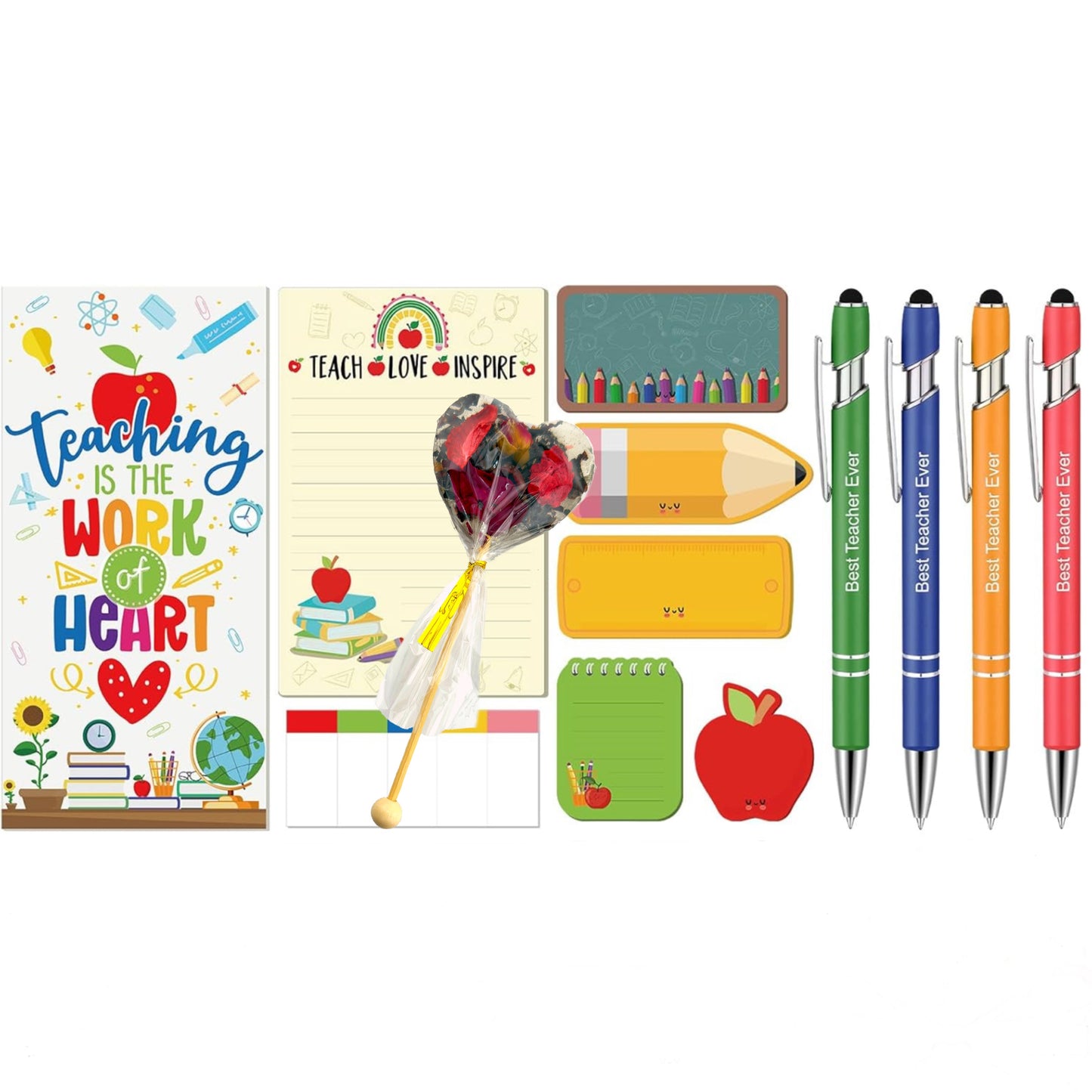 Back to School Teacher Gift Set – Heart Tea Lollipop, Notepad with Sticky Notes, Stickers & Pen