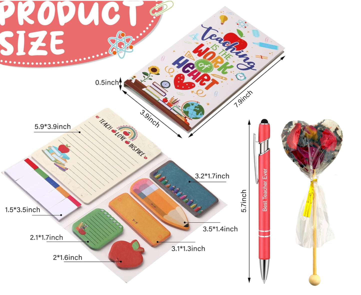 Back to School Teacher Gift Set – Heart Tea Lollipop, Notepad with Sticky Notes, Stickers & Pen