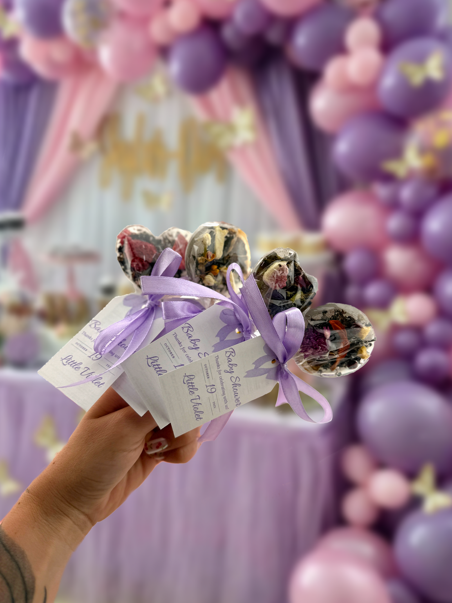 Custom Baby Shower Favors – Tea Lollipops with Personalized Tag & Ribbon – 4 Flavors