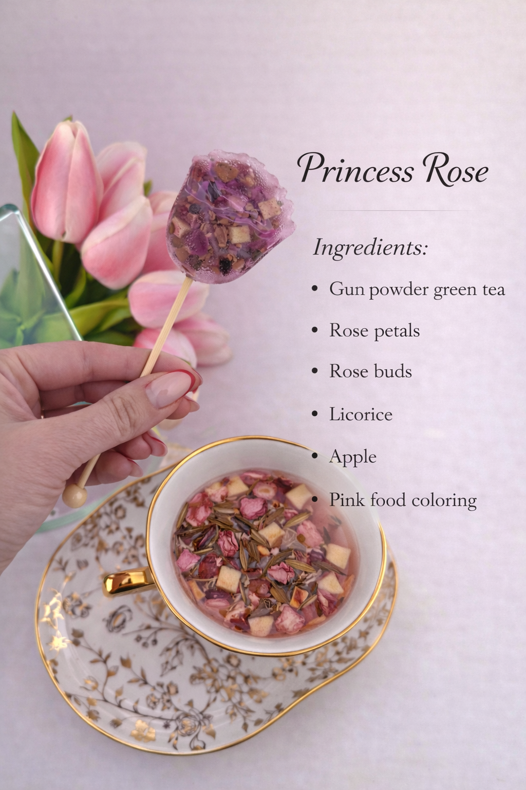 PRINCESS ROSE - Pink Floral Green Tea Lollipop (Rose Shape)