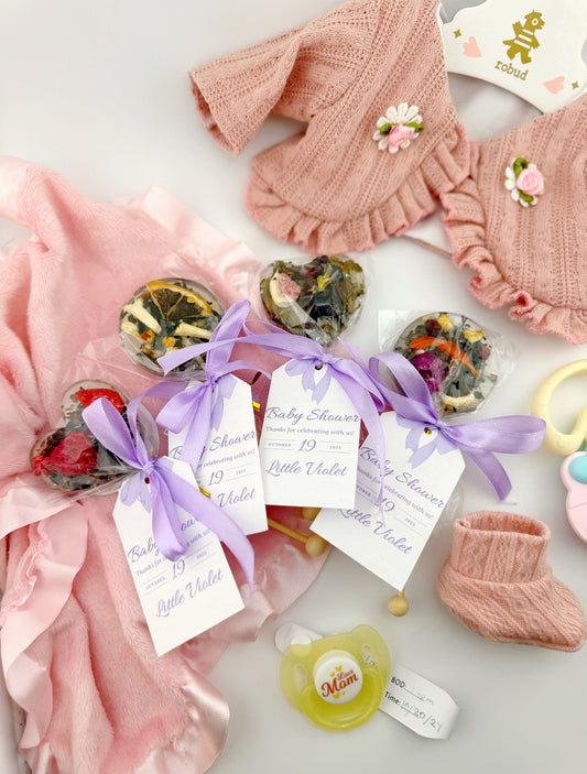 Custom Baby Shower Favors – Tea Lollipops with Personalized Tag & Ribbon – 4 Flavors