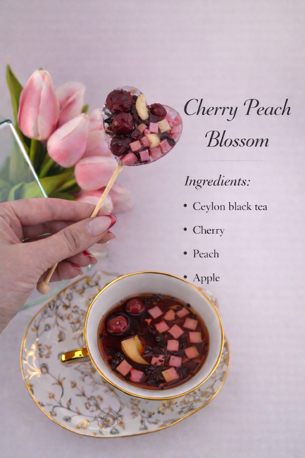 CHERRY PEACH BLOSSOM - Cherry & Peach Black Tea Lollipop (Heart Shape)