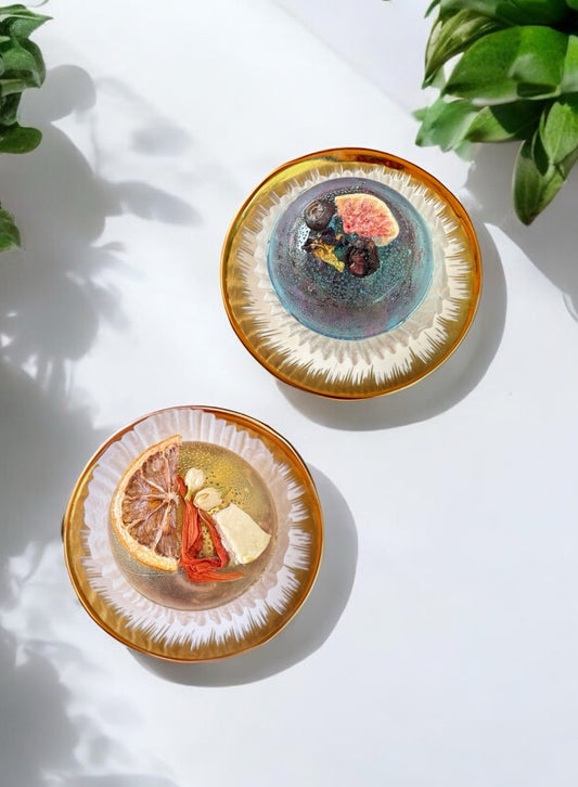 Set of Two Tea Bombs – Golden Jasmine Sunset + Violet Mystic Moon – White & Green Tea Fusion – Floral Sugar-Free Treat