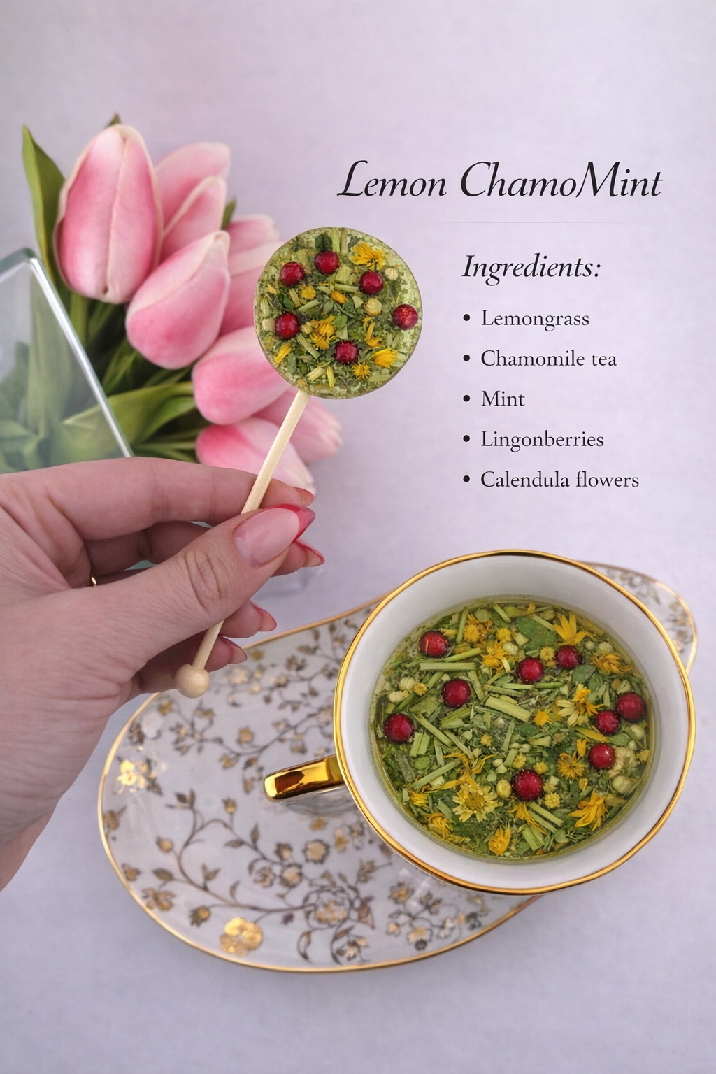 LEMON ChamoMint -  Lemongrass, Chamomile & Mint Herbal Tea Lollipop (Round Shape)