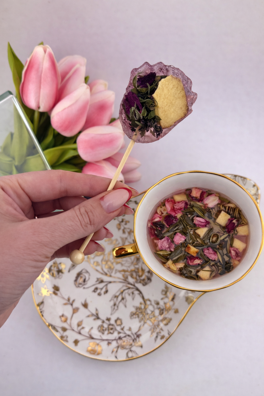 PRINCESS ROSE - Pink Floral Green Tea Lollipop (Rose Shape)